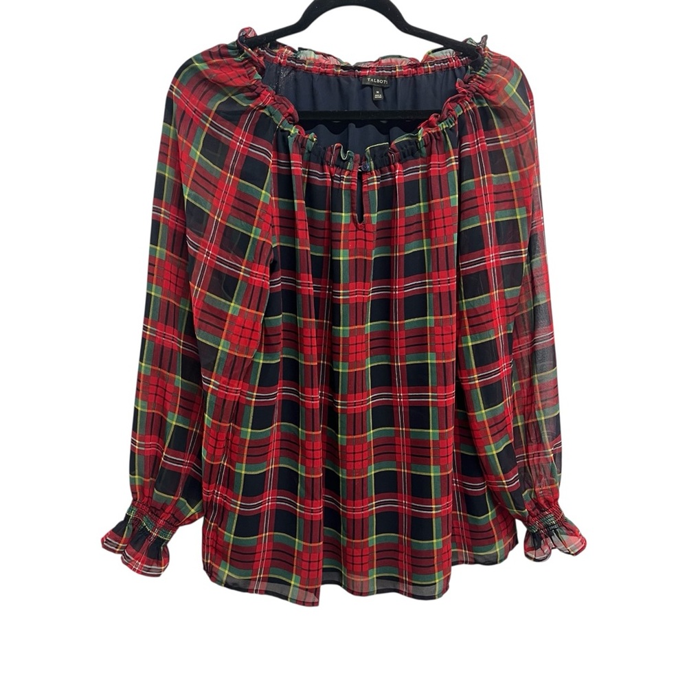 Talbots‎ Tartan Plaid Off-Shoulder Popover Blouse Keyhole Smocked Medium